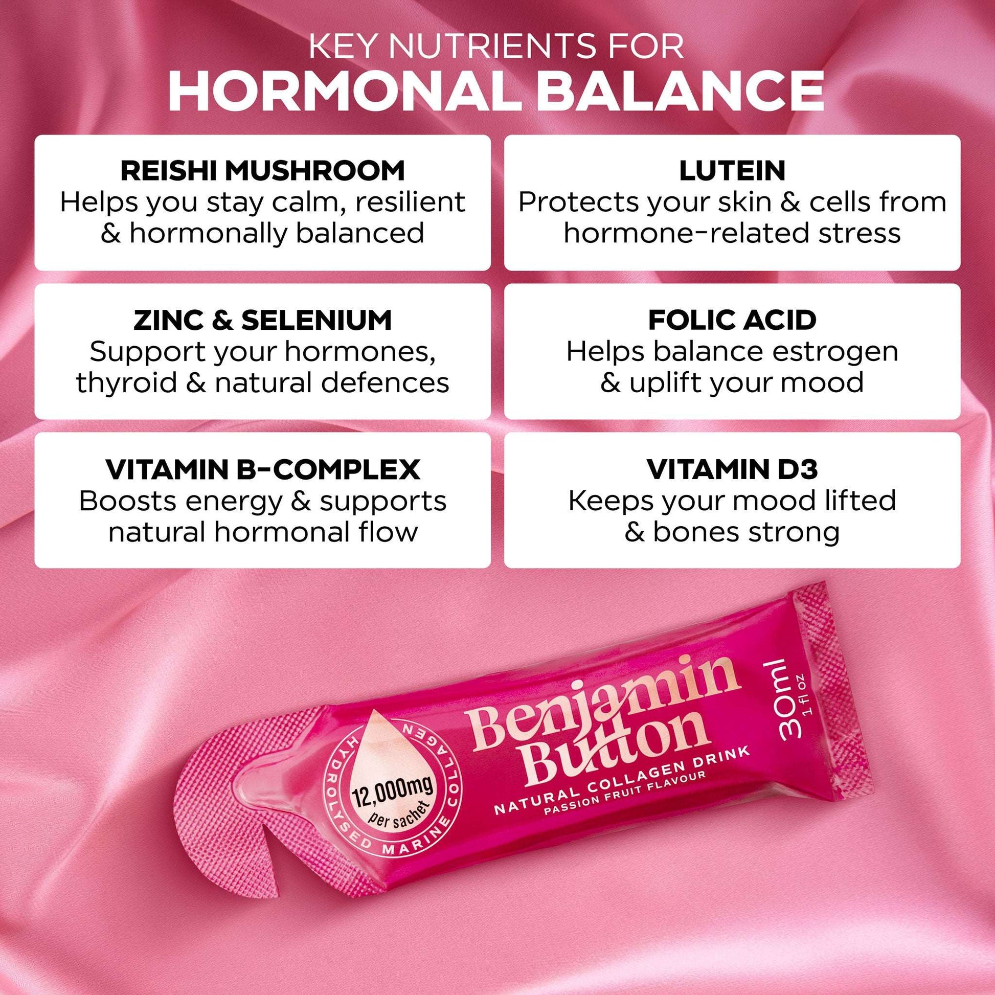 Benjamin Button natural collagen drink package with key nutrients for hormonal balance on a pink background