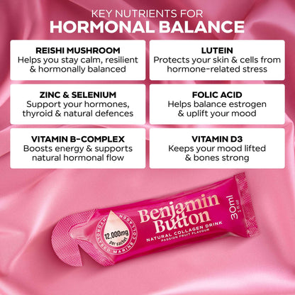 Benjamin Button natural collagen drink package with key nutrients for hormonal balance on a pink background