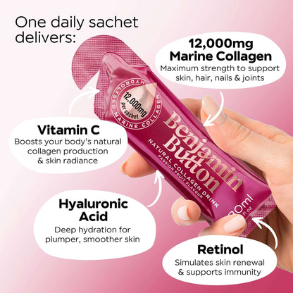 Benjamin Button collagen drink sachet with text highlighting ingredients on a pink background