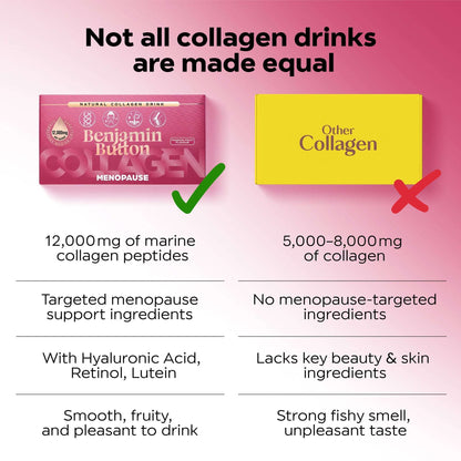 Comparison chart of Benjamin Button Collagen drink with 'Other Collagen' on a pink background.