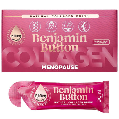 Benjamin Button collagen drink packaging with a smaller depiction of a sachet below.