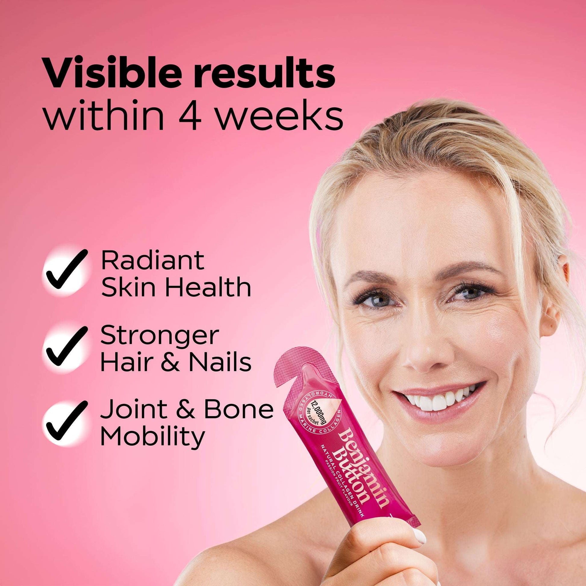Woman holding a pink supplement bottle with text about visible results on a pink background