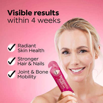 Woman holding a pink supplement bottle with text about visible results on a pink background