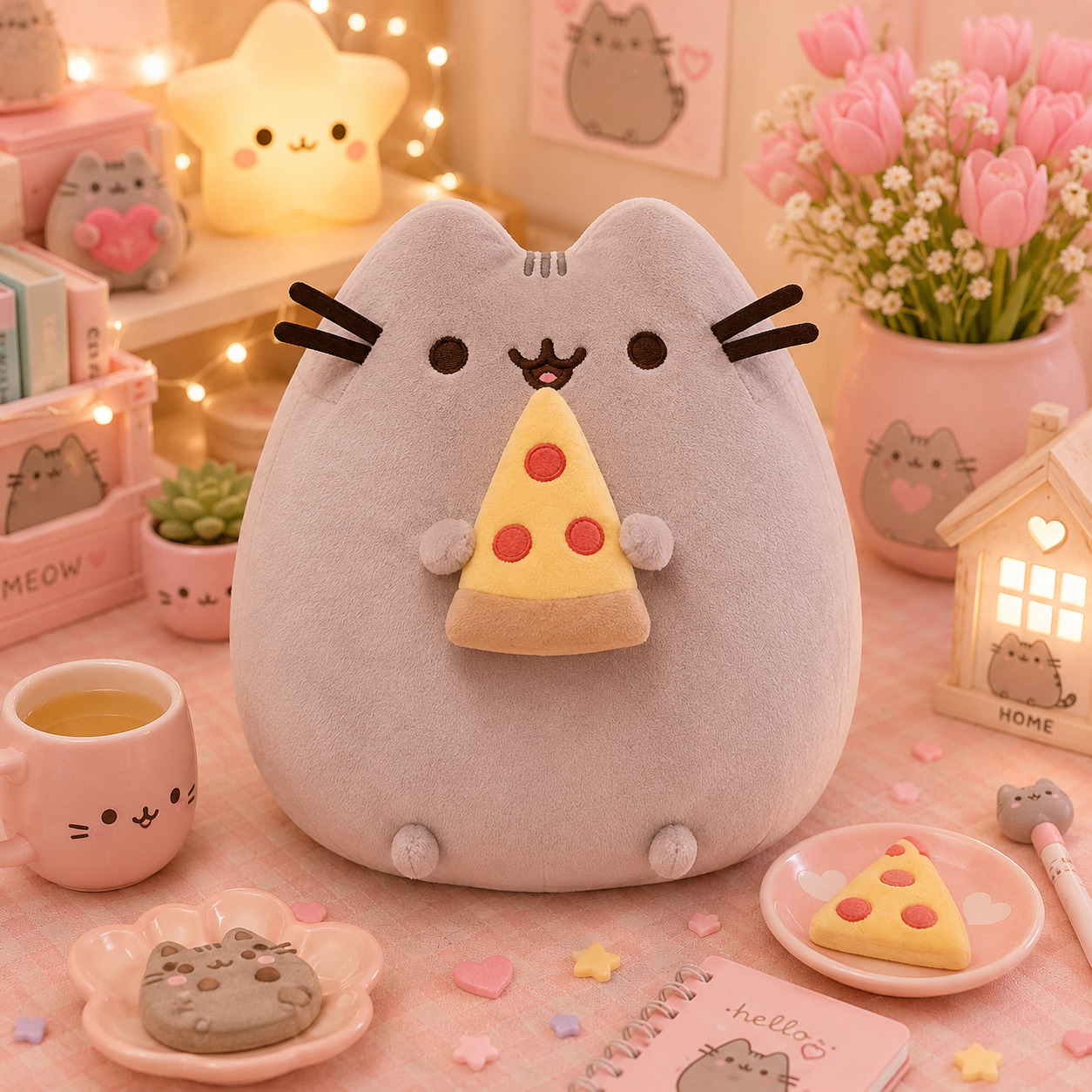 Plush toy resembling a cat with a pizza slice on a pink-themed background