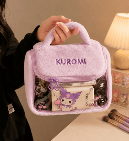 Purple Kuromi-themed cosmetic bag with makeup items on a neutral background