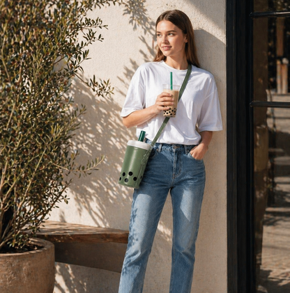 Woman holding a drink with a straw, standing against a wall with plants around.