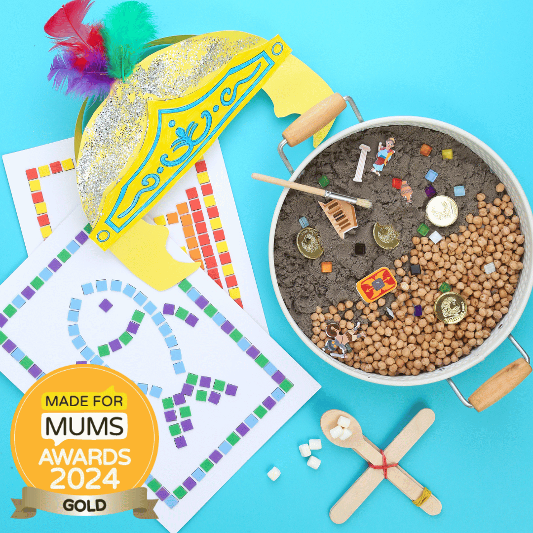 Educational play items including a toy sword, colorful paper, and sensory bin with toys on a blue background.