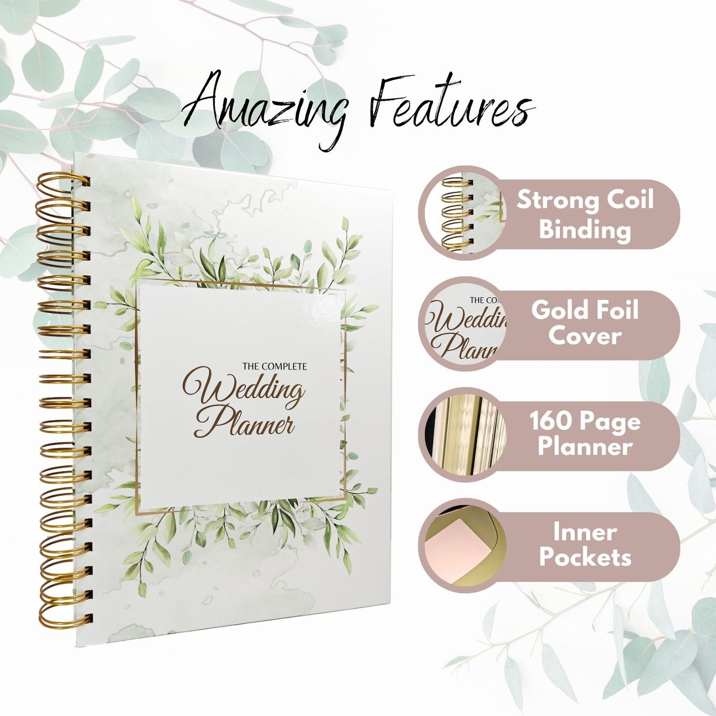 Wedding planner book with gold foil cover and inner pockets, surrounded by decorative elements.