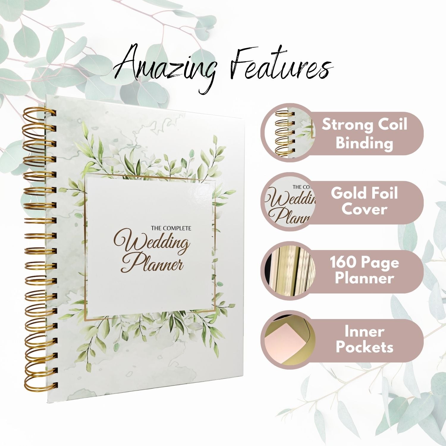 Wedding planner book with gold foil cover and inner pockets, surrounded by decorative elements.