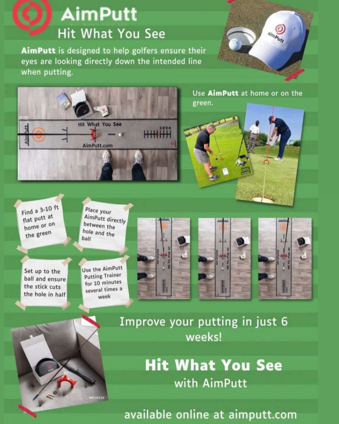 Advertisement for AimPutt golf product with instructions and images on a green background