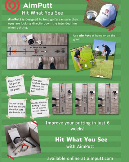 Advertisement for AimPutt golf product with instructions and images on a green background