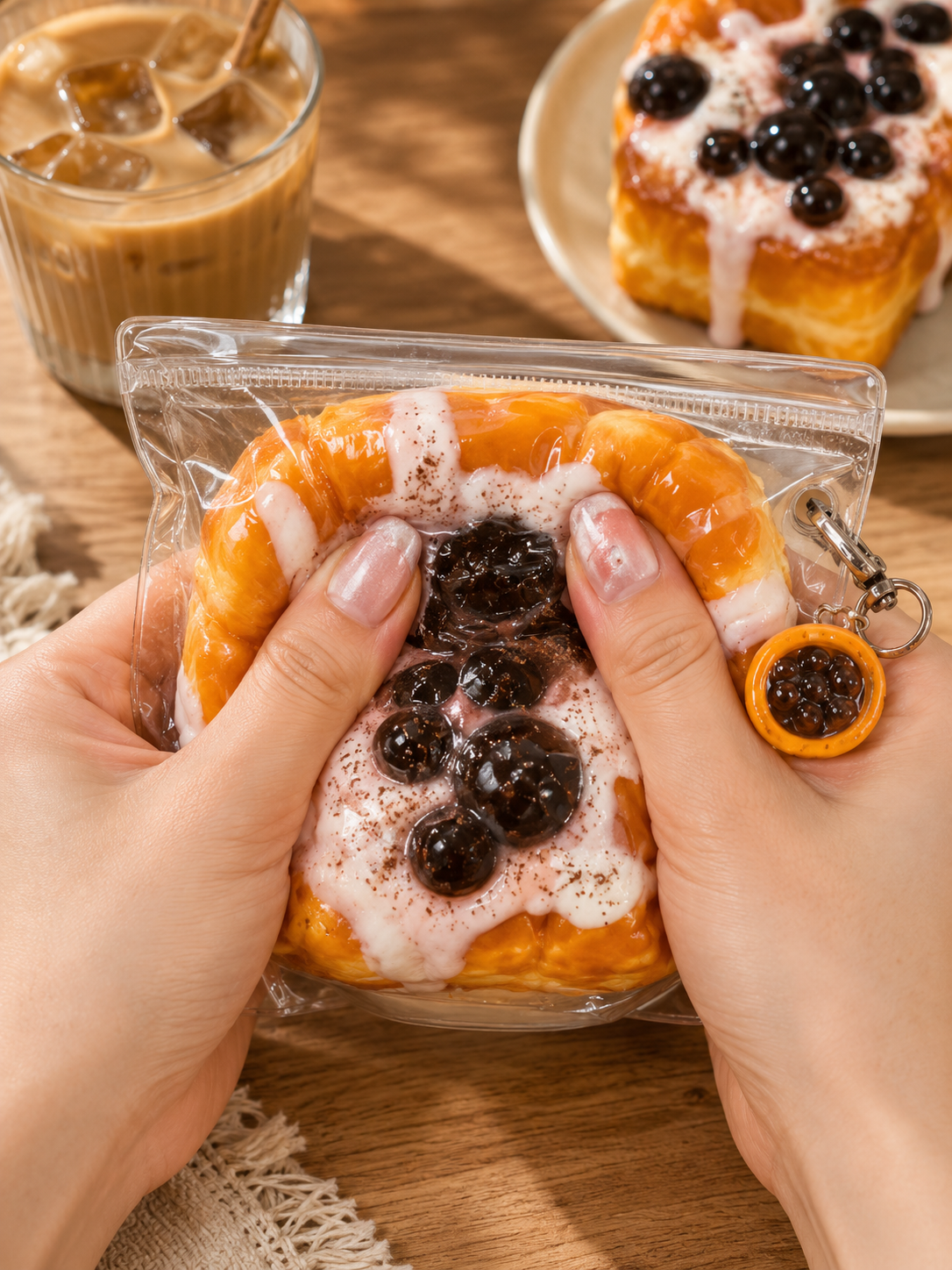 Keychain shaped like a dessert with berries and cream, held by hands on a wooden surface with a glass of iced coffee in the background.