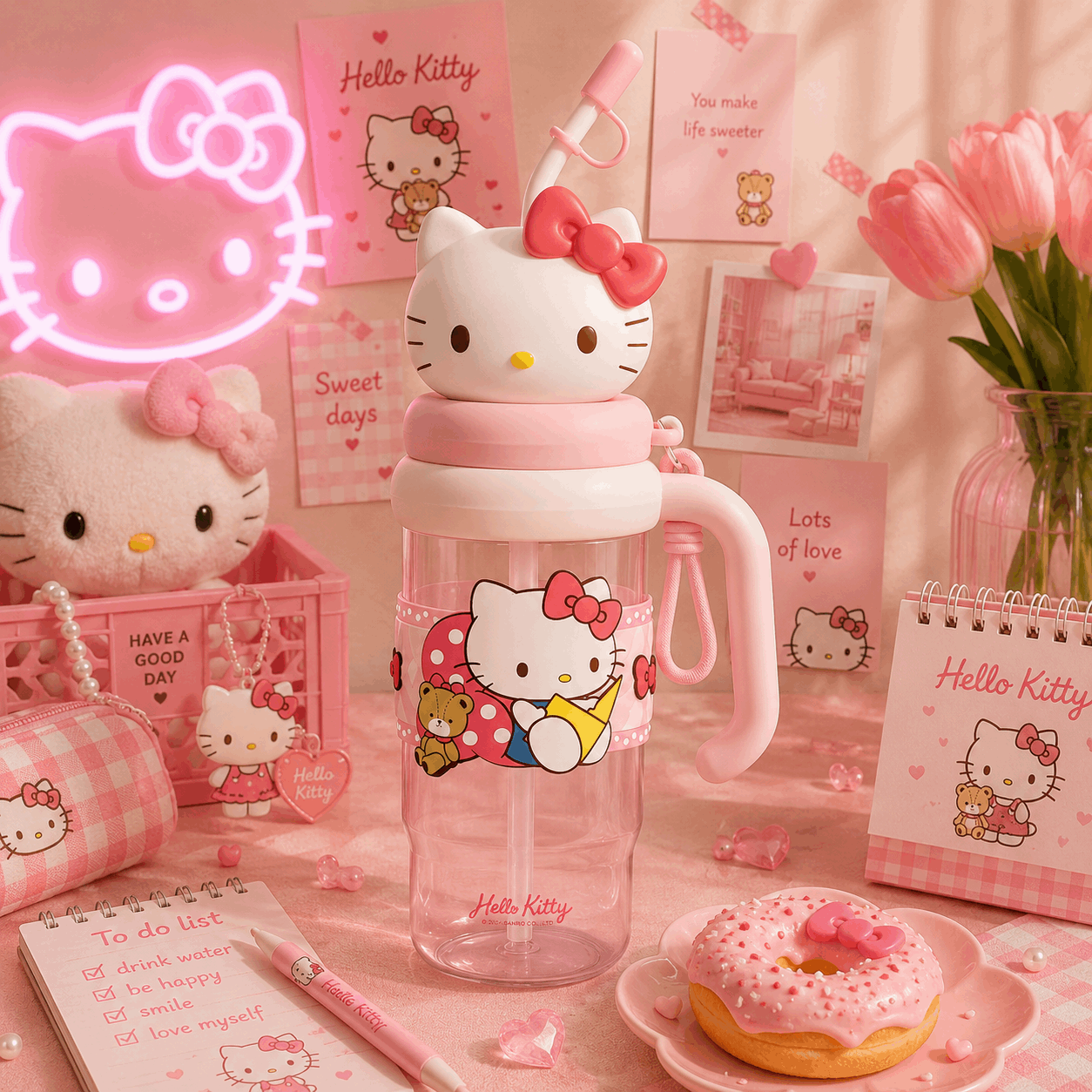 Hello Kitty-themed water bottle on a pink background with decor elements.