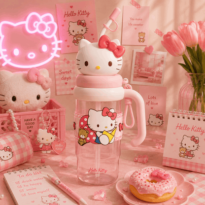 Hello Kitty-themed water bottle on a pink background with decor elements.