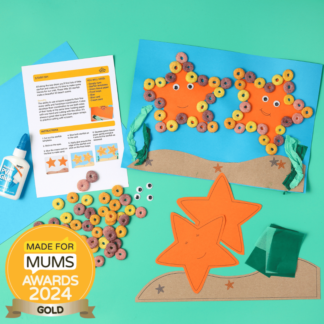 Children's craft project with starfish made from cereal on a teal background, featuring 'Made for Mums Awards 2024' gold badge.