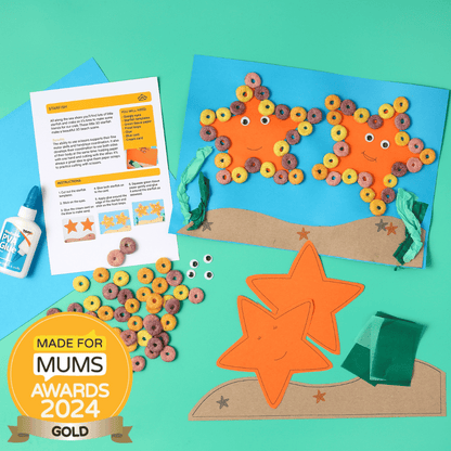 Children's craft project with starfish made from cereal on a teal background, featuring 'Made for Mums Awards 2024' gold badge.