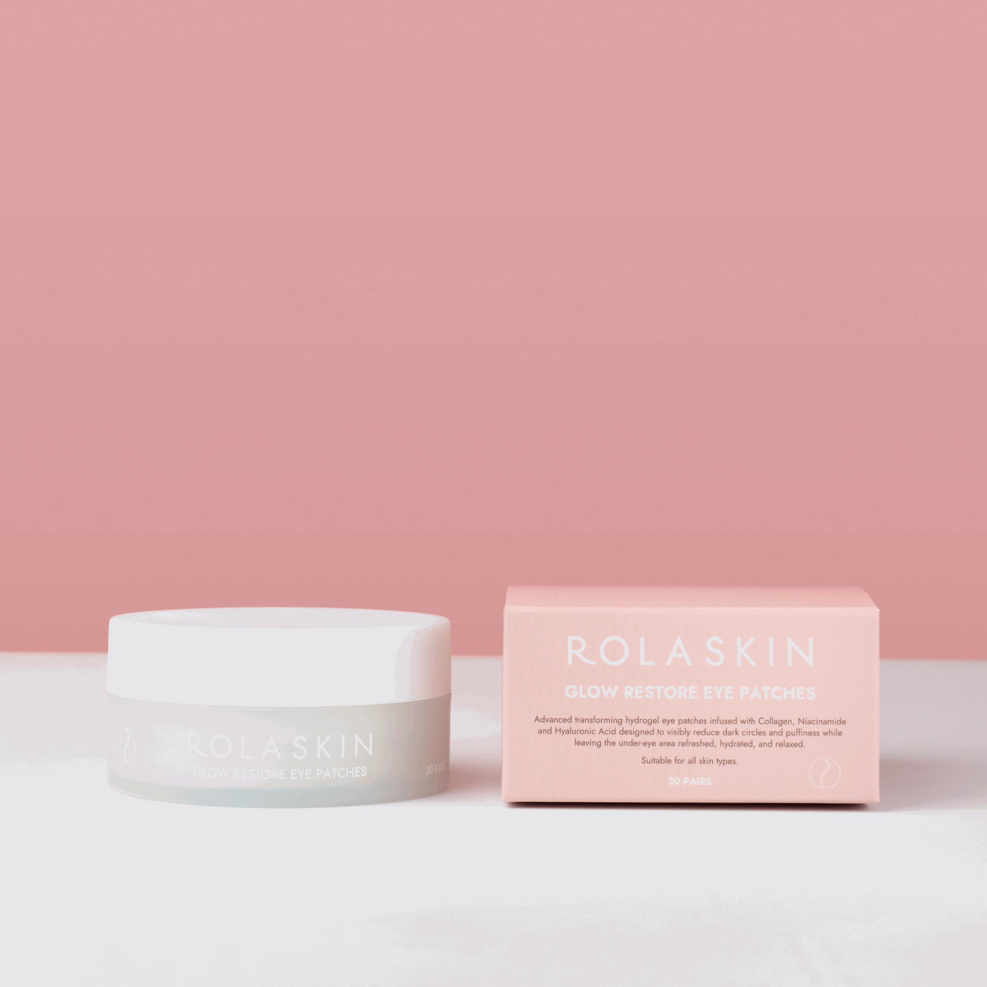 Rolaskin skincare product and packaging on a pink background