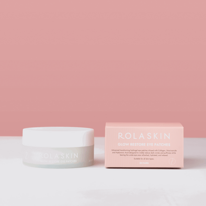 Rolaskin skincare product and packaging on a pink background