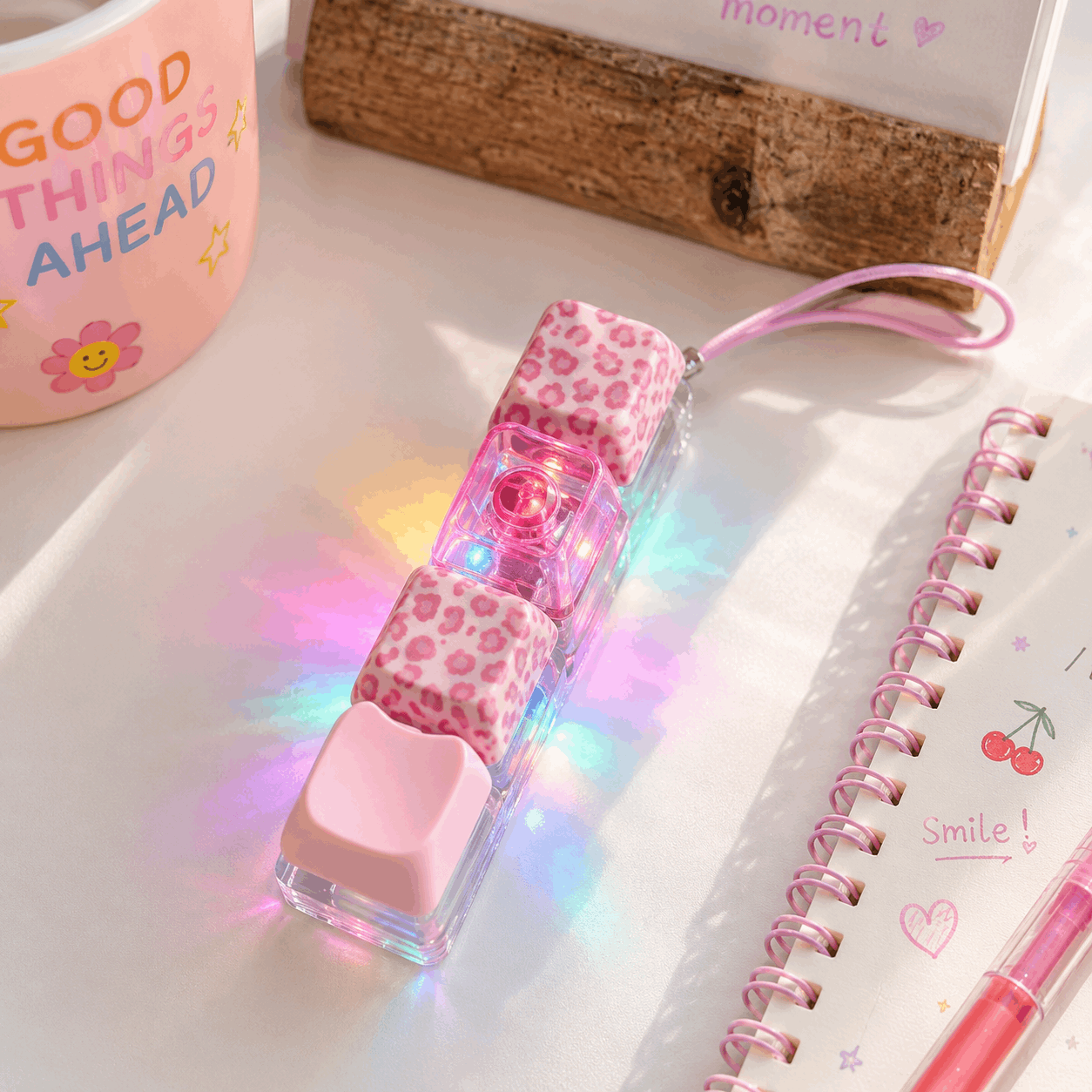 Pink LED light pen with leopard print design on a white surface with a notebook and mug in the background.