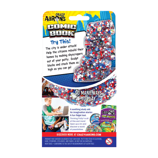Crazy Aaron's comic book packaging with colorful putty blocks on a white background