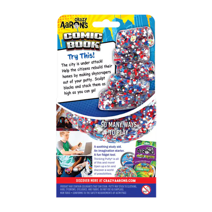 Crazy Aaron's comic book packaging with colorful putty blocks on a white background
