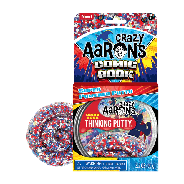 Crazy Aaron's Comic Book Thinking Putty packaging with putty on a white background