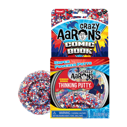 Crazy Aaron's Comic Book Thinking Putty packaging with putty on a white background