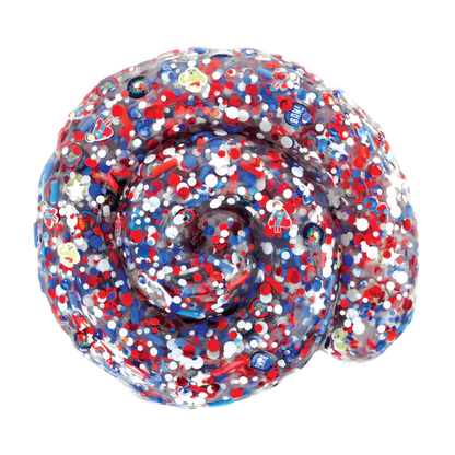 Colorful slime with red, white, and blue swirl on a white background