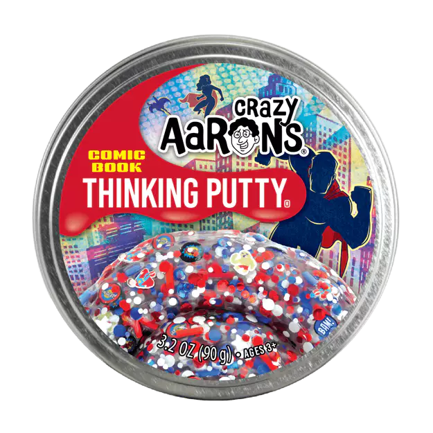 Crazy Aaron's Thinking Putty container with colorful confetti on a white background