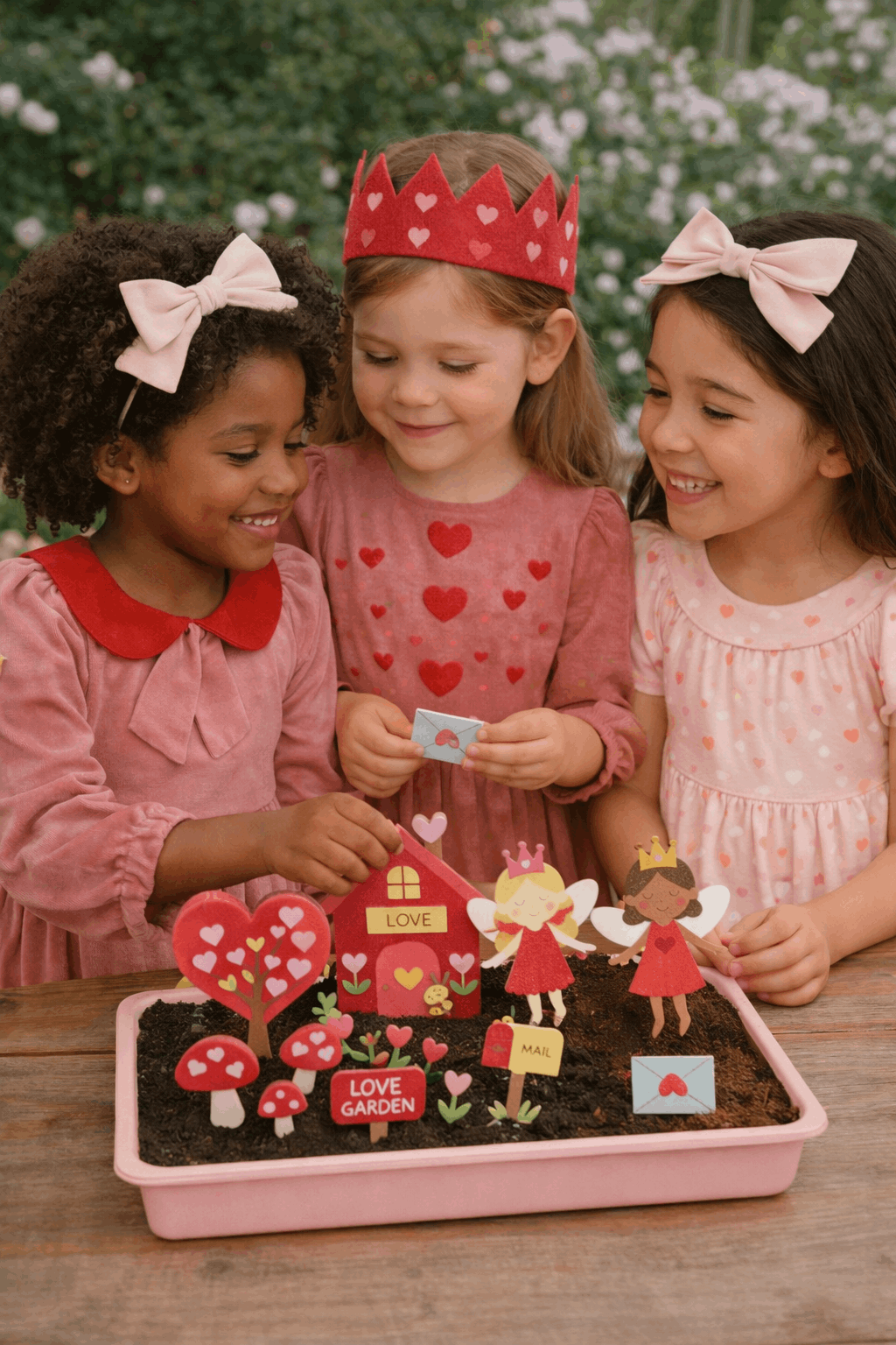 Three young girls playing with a toy garden set on a wooden table.