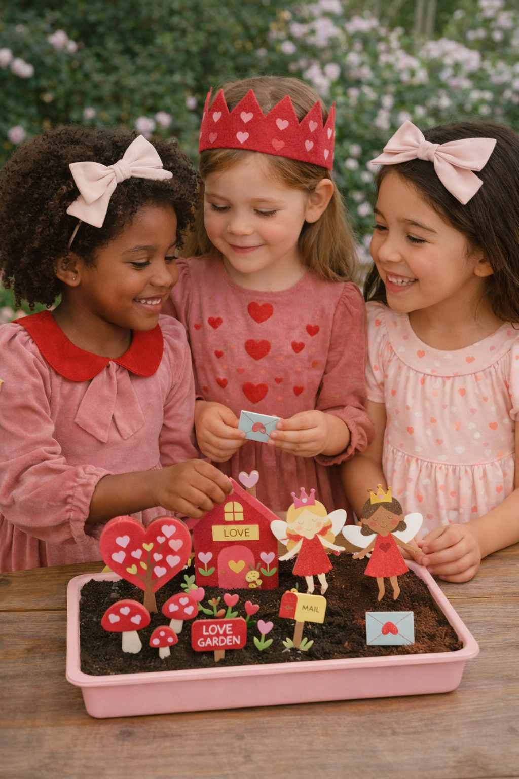Three young girls playing with a toy garden set on a wooden table.