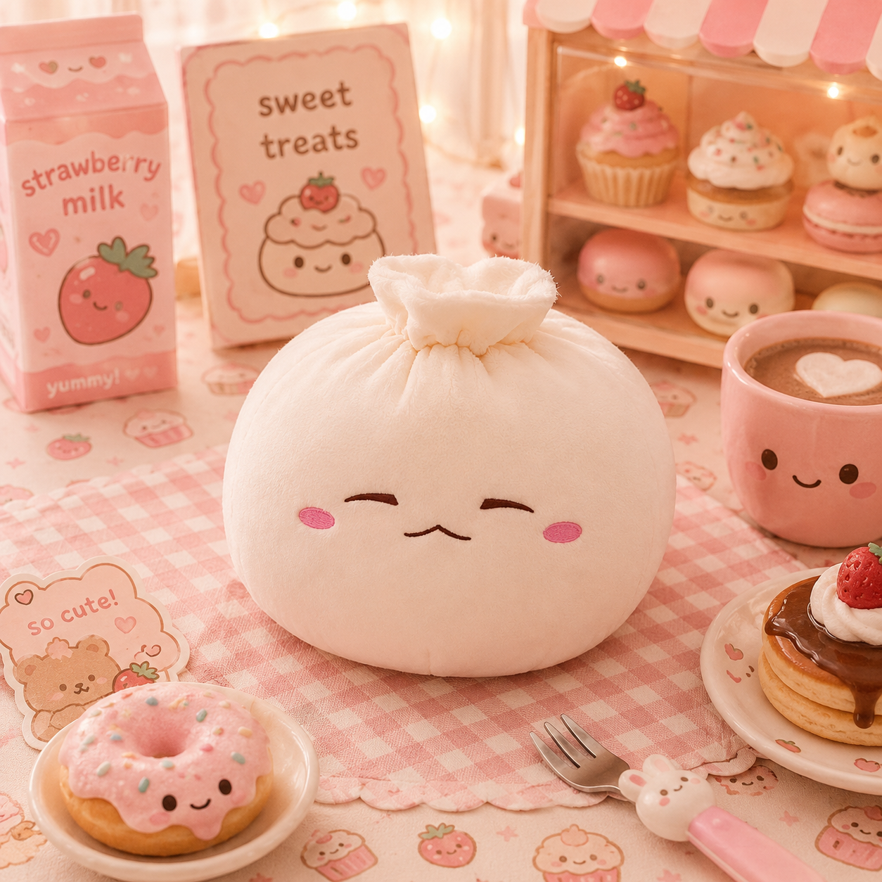 Cute plush bag with a face on a pink checkered tablecloth with pastel food-themed decor.