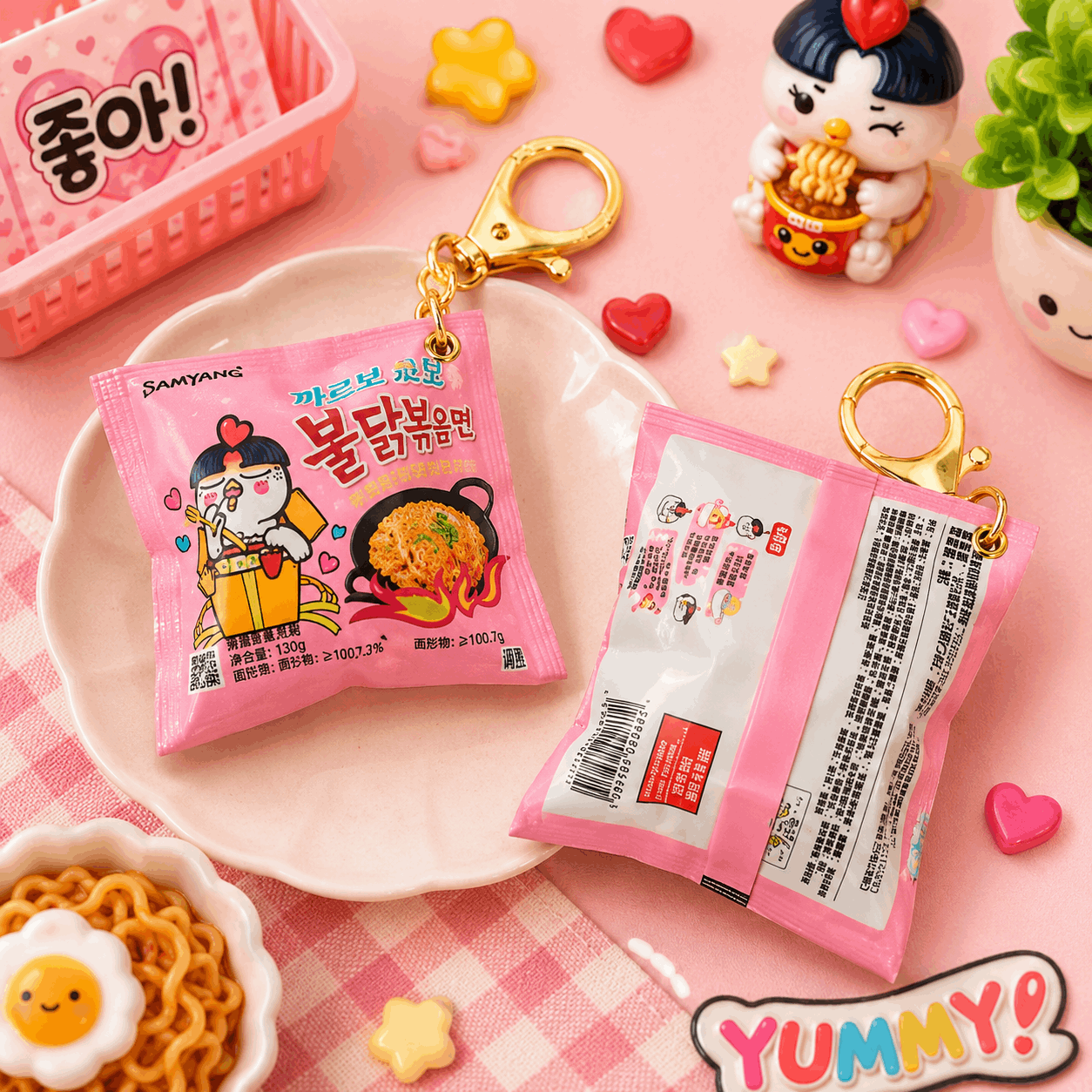 Pink instant noodles package with keychain on a pink checkered tablecloth with decorative items.