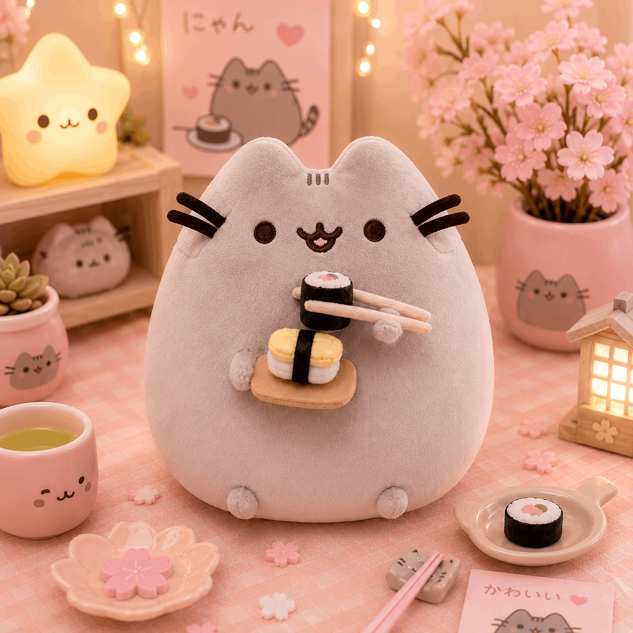 Plush toy resembling a cat holding sushi on a decorative table with cherry blossoms and a star-shaped light.