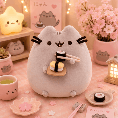 Plush toy resembling a cat holding sushi on a decorative table with cherry blossoms and a star-shaped light.