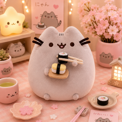 Plush toy resembling a cat holding sushi on a decorative table with cherry blossoms and a star-shaped light.