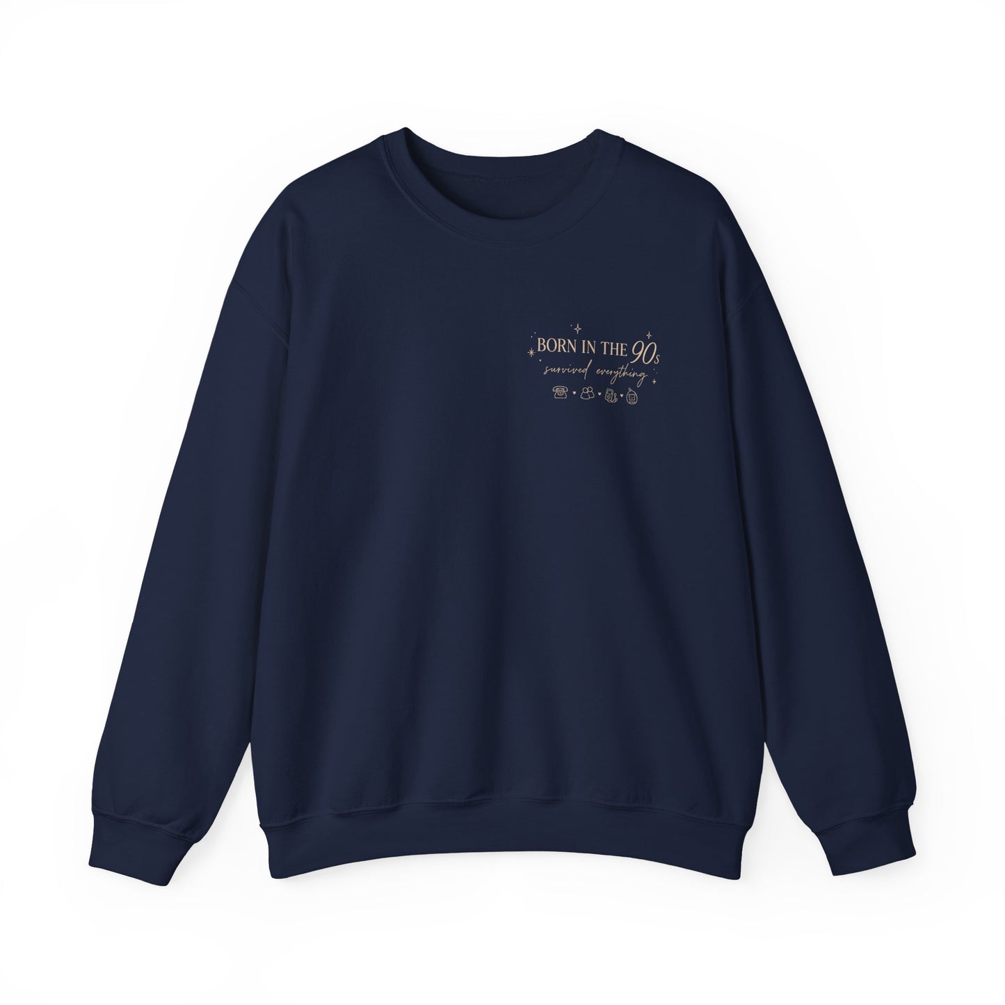 Navy blue sweatshirt with a logo and text on a white background