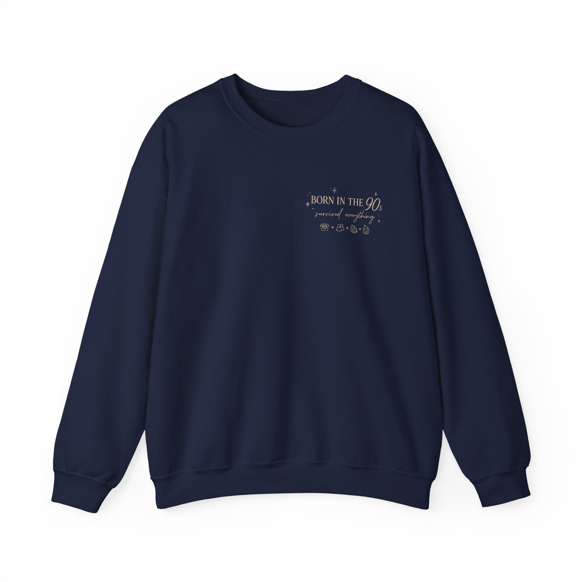 Navy blue sweatshirt with a logo and text on a white background