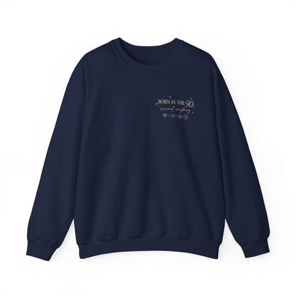 Navy blue sweatshirt with a logo and text on a white background