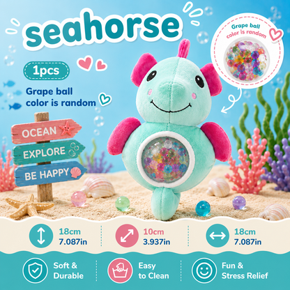 Seahorse-shaped toy with colorful beads inside, on a beach-themed background.