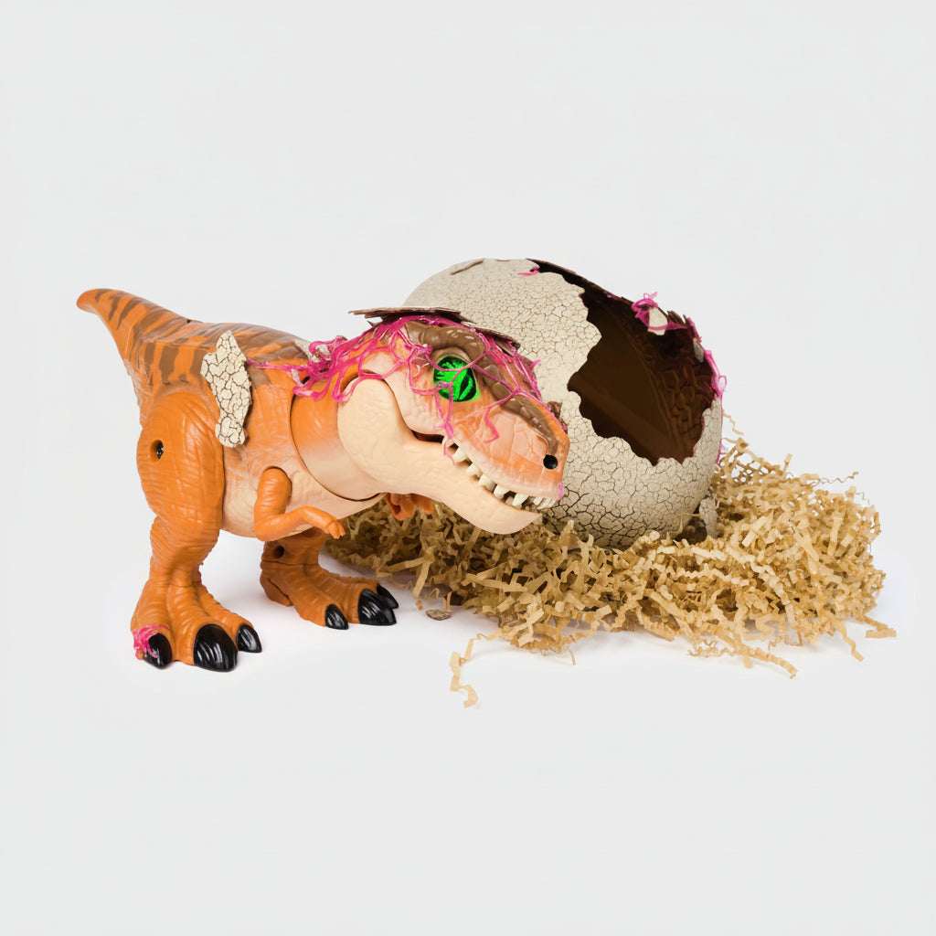 Toy dinosaur hatching from an egg with grass on a white background