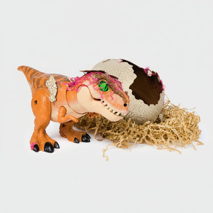 Toy dinosaur hatching from an egg with grass on a white background
