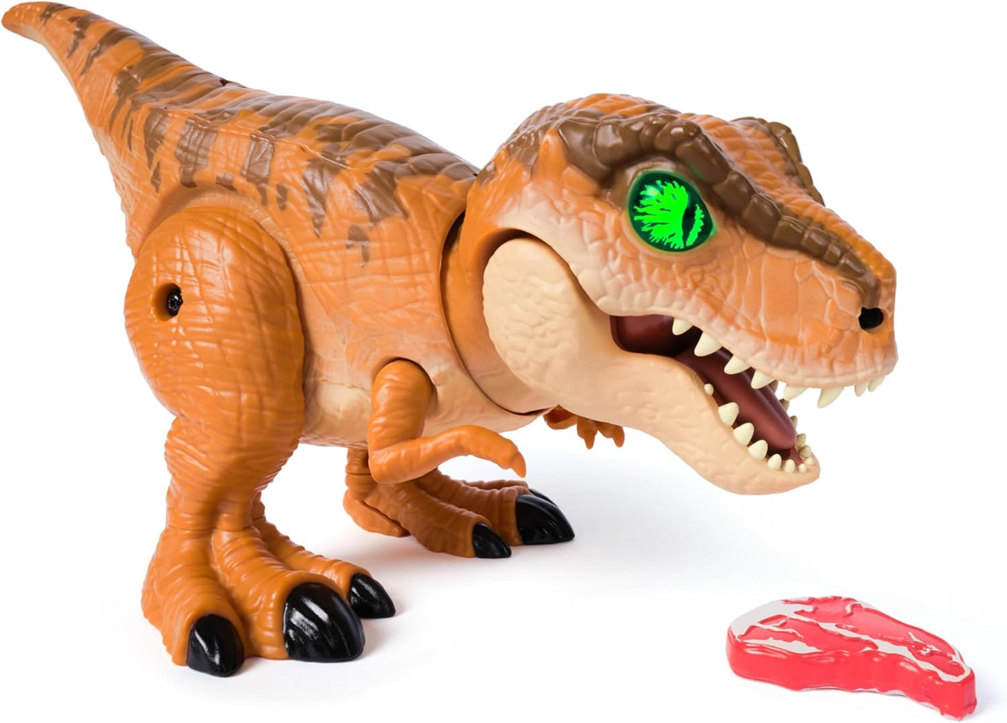 Toy dinosaur with a green light in its eye on a white background