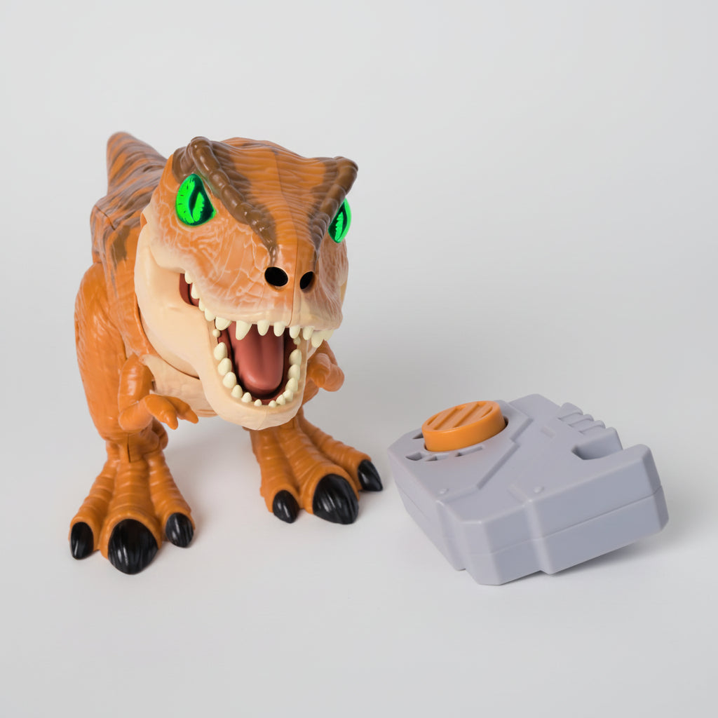 Toy dinosaur with a remote control on a white background