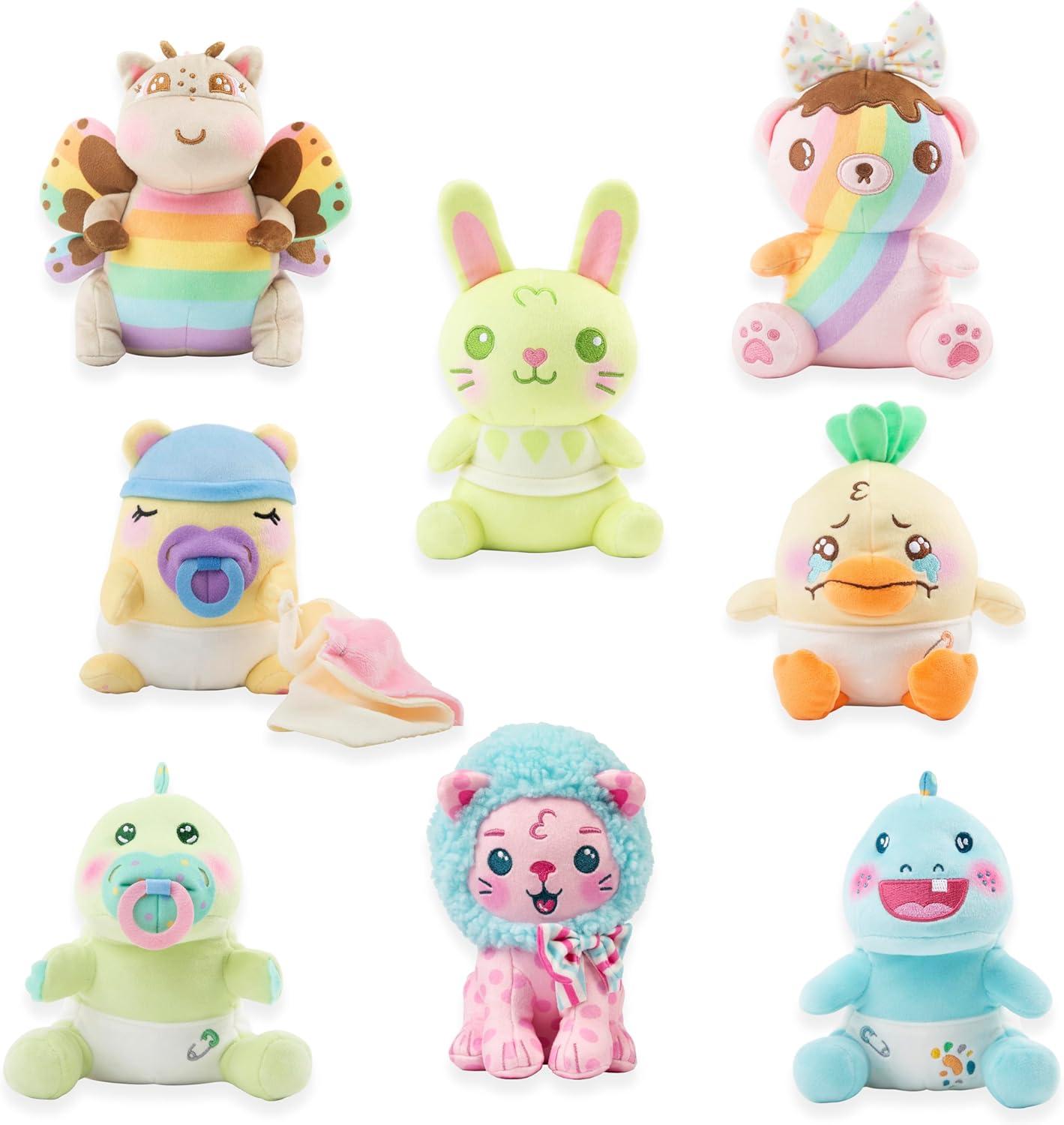 Set of colorful plush toys with various designs on a white background