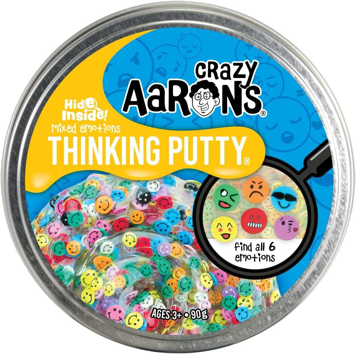 Crazy Aaron's Thinking Putty container with colorful faces and a magnifying glass on a white background