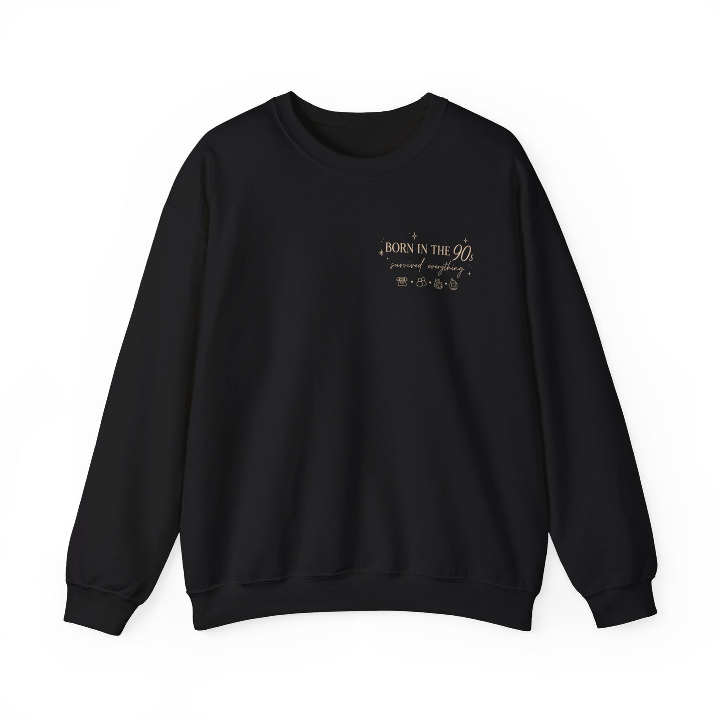 Black sweatshirt with a small logo on the chest against a white background
