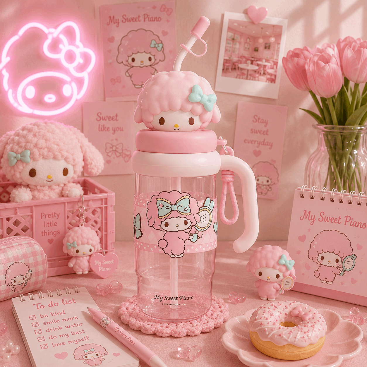 Pink-themed desk setup with cartoon character water bottle, plush toys, and decor.