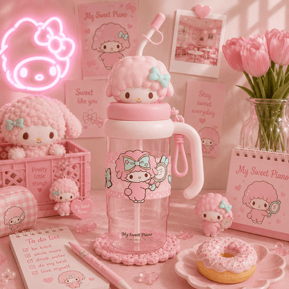 Pink-themed desk setup with cartoon character water bottle, plush toys, and decor.