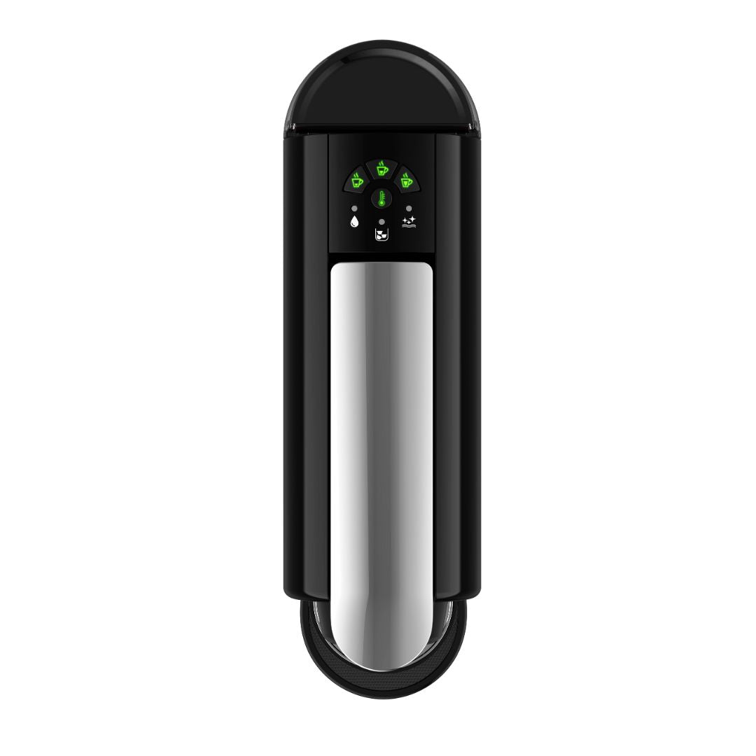 Black and silver electronic device with digital display on a white background